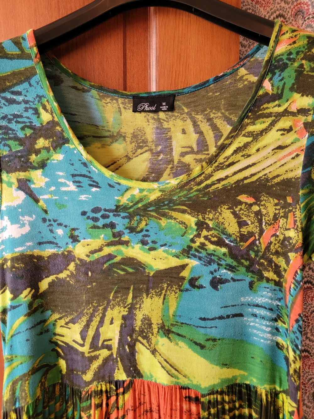 Vintage 90s PHOOL Boho Crinkle Rayon Abstract Maxi Dress Handkerchief Hem Large - Picture 2 of 14